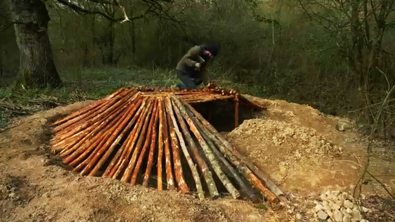 Crafting complete and comfort survival shelter | Bushcraft wood structure,clay roof & twin fireplace