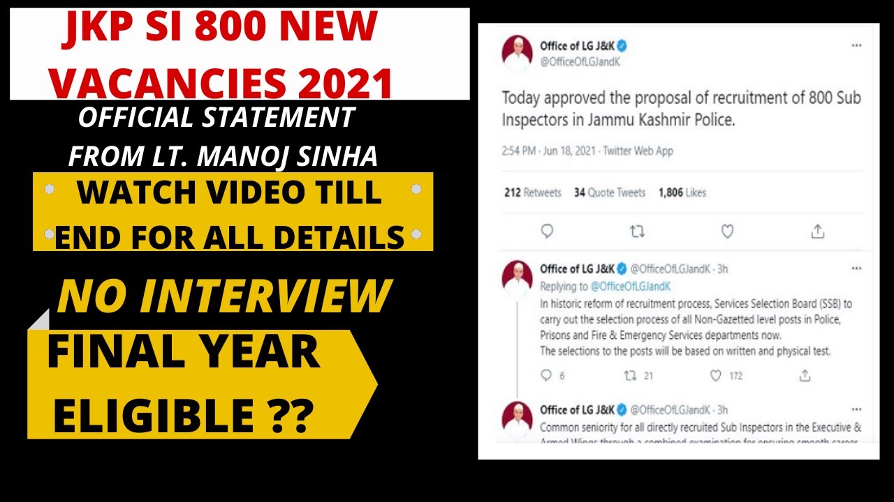 JKP Sub Inspector Recruitment 2021 | JK Police SI 800 new vacancies | JKP SI recruitment 2021 