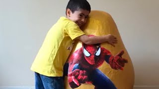 super giant golden surprise egg spiderman toys opening 3 kinder eggs unboxing