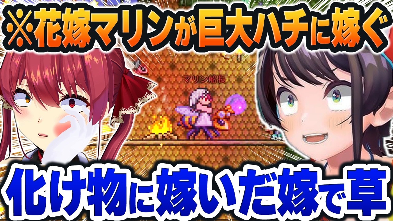 【＃ホロテラリア】巨大ハチに嫁入りして腹筋崩壊。『レアアイテム』を獲得したのに笑われてしまうｗ【ホロライブ切り抜き/大空スバル/兎田ぺこら/白銀ノエル/宝鐘マリン/白上フブキ/大神ミオ】