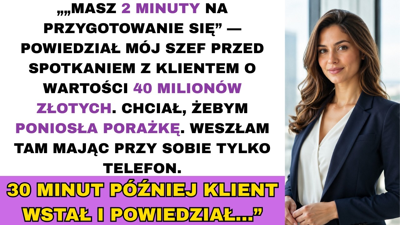 Mój szef dał mi dwie minuty na przygotowanie prezentacji dla klienta wartego 40 milionów złotych. Wszystkie materiały zniknęły, laptop się aktualizował, a on stał przy drzwiach z uśmiechem, który...