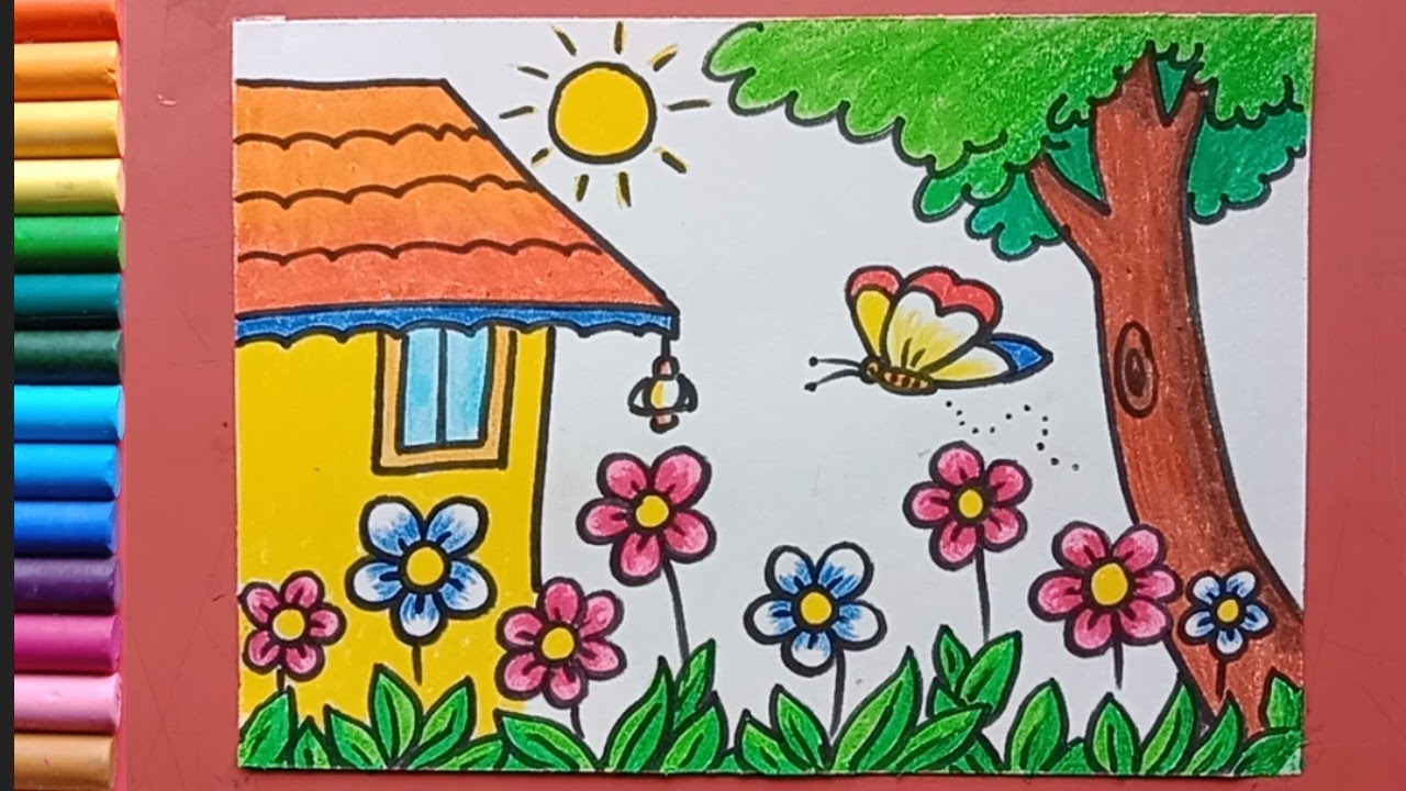 Easy flower garden drawing - YouTube