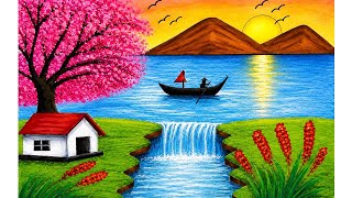 Easy Waterfall Scenery Drawing with Mountain, River & Boat | Beautiful Nature Drawing step by step