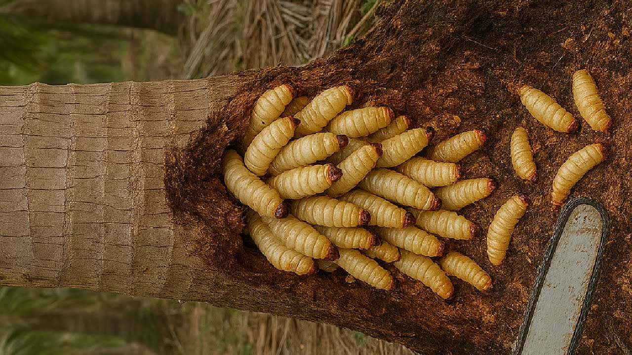 Primitive cooking skill Cut coconut tree, catch coconut worm, cook worm
