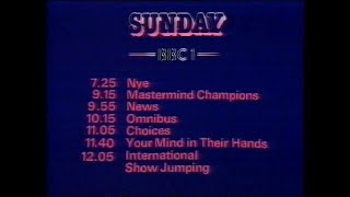 Sunday 2nd May 1982 BBC1 - Nye - Mastermind - News - Omnibus - Show Jumping - Antiques Roadshow
