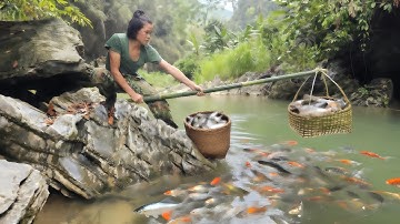 Survived the rainy season, caught fish after the flood receded, wild chicken, trap, survival alone