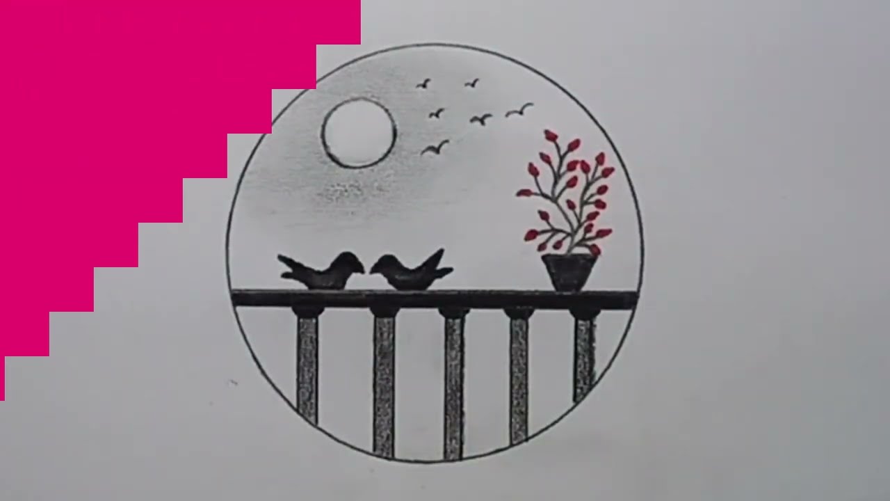 Simple pencil circle scenery drawing.