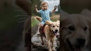 “Happy Baby Riding Golden Retriever in Muddy Fields | Playful Baby and Dog Adventure”.