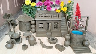 Building a Survival Village House with Palm Tree | Miniature Clay House | Kitchen set