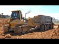 Amazing safety heavy dumper truck dirt spread stuck extreme komatsu dozer pushing