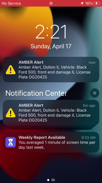 Wireless Emergency Alert Illinois Amber Alert on iPhone 8 (7/11/2022) EAS #136