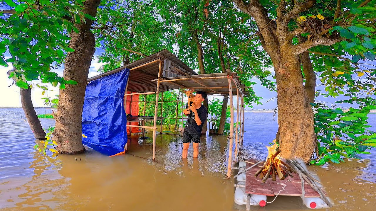 Camping in a flooded abandoned house | Fishing, cooking, sleeping overnight with your dog