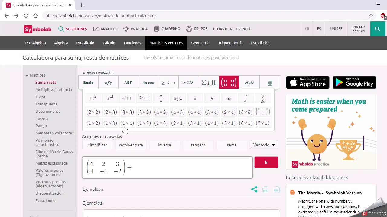 Sumar matrices con Calculadora Symbolab - YouTube