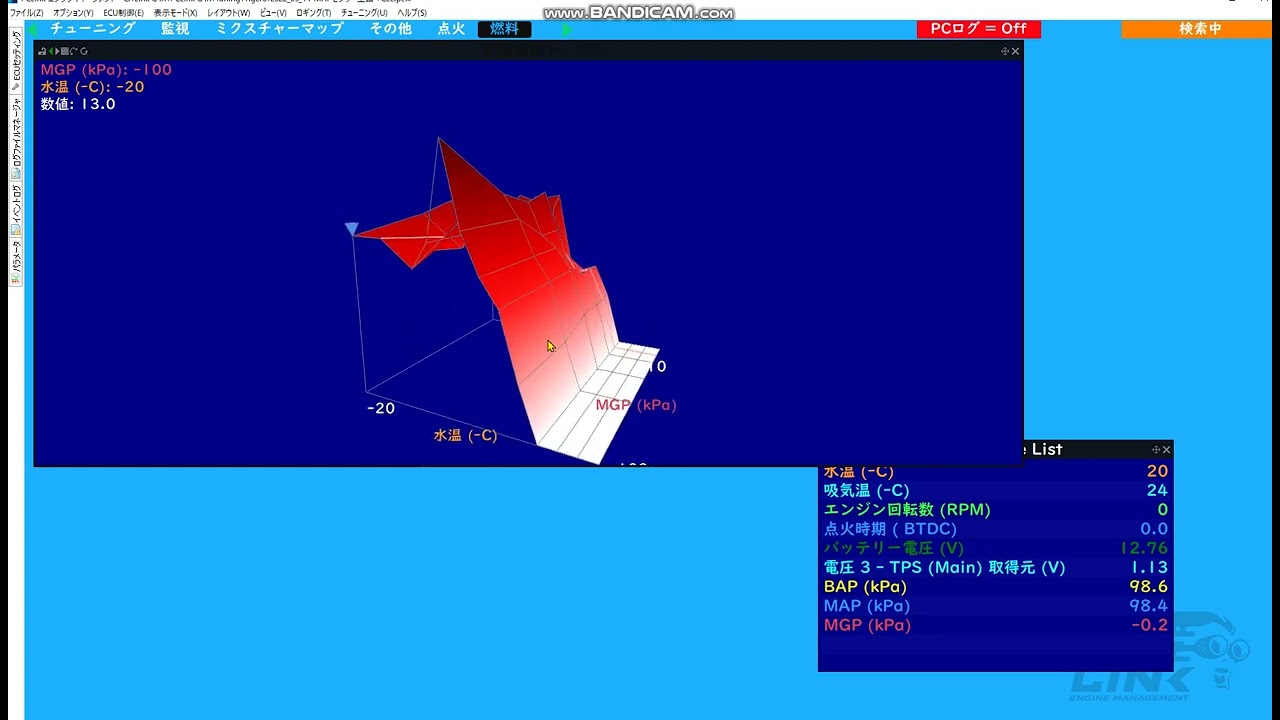 Link G4X　燃料設定→冷間始動（冷間増量）　水温補正テーブル