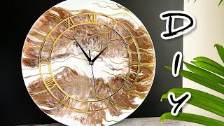 DIY. Epoxy Resin wall clock. White, Brown and Gold. Resin Art.
