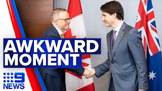 Awkward moment as Canadian PM Trudeau appears to forget Anthony Albanese's name | 9 News Australia