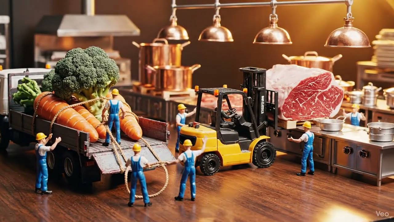 Miniature Construction Workers Diorama | Tiny Kitchen Food Preparation Setup 