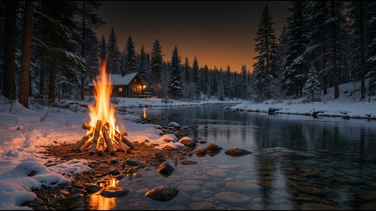 Crackling Winter Campfire & River Sound for Relaxing and Deep Sleep | Cozy Forest Cabin | 4K