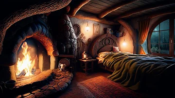 Cozy Hobbit Bedroom - Relaxing Fireplace with Soothing Rainfall Sounds / rain on roof / Deep Sleep