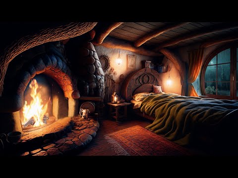 Cozy Hobbit Bedroom - Relaxing Fireplace With Soothing Rainfall Sounds Rain On Roof Deep Sleep