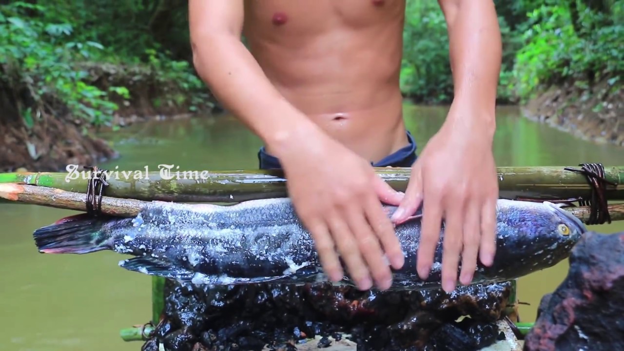 Primitive Technology: Roasted Big Fish With Waterwheel in the Forest | Primitive Cooking ASMR Eating