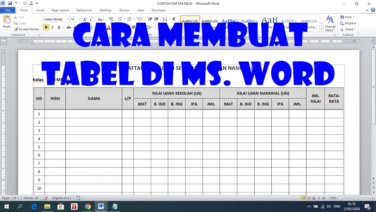 Cara Membuat Tabel Di Ms Word Youtube