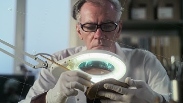 Senior archaeologist cleans fossil bones with brush, studies remains in archaeological lab