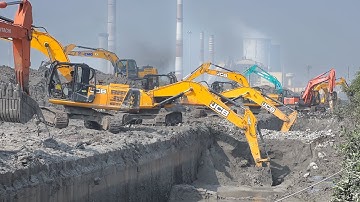 27 Excavator digging Power Plant Water Trench Flooded Mud Filled Working together | Excavators