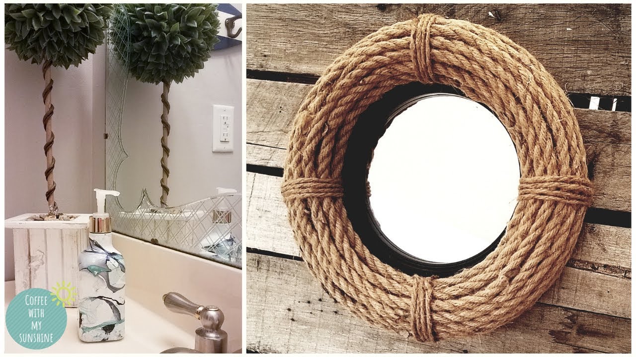 COASTAL NAUTICAL ROPE WREATH MIRROR DOLLAR TREE DIY, MARBLE EFFECT, FARMHOUSE, HOME DECOR