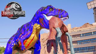(🦖 Jurassic World Evolution 2)Blue Tyrannosaurus Rex vs Carcharodonto,Velociraptor Dinosaurs Fight screenshot 4