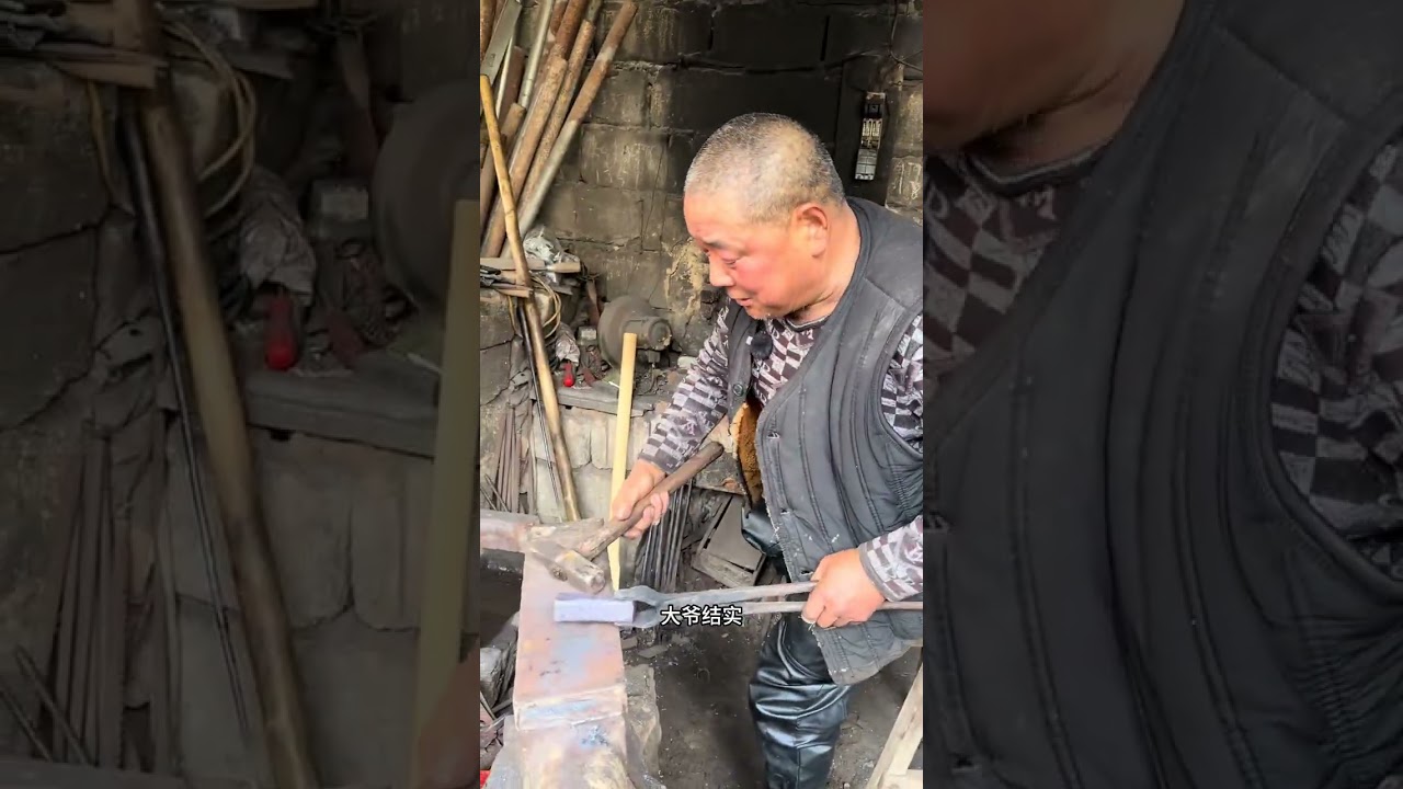 Title: Ancient Craft: Master Blacksmith Crafting Hammers in Rural Market