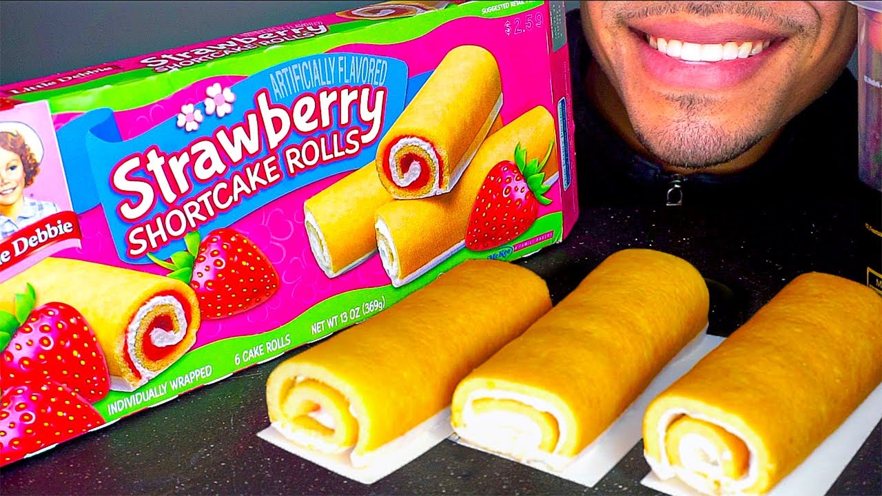 ASMR STRAWBERRY SHORTCAKE ROLLS LITTLE DEBBIE SWEETS EATING SOUNDS NO