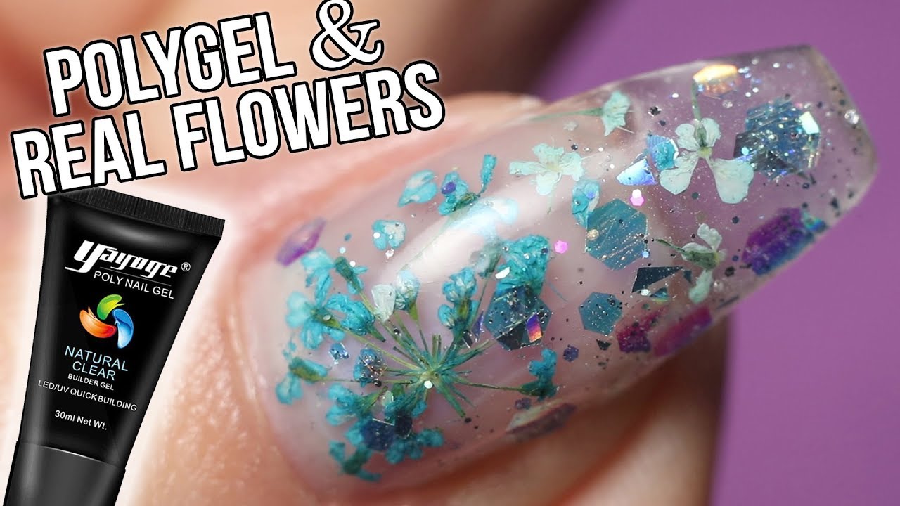 POLYGEL Nail Art with REAL FLOWERS 