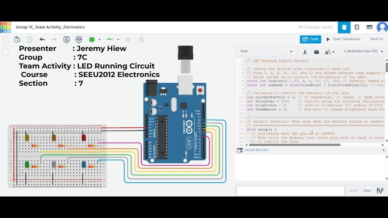 TINKERCAD Simulation: Arduino Uno 6-LED Running Lights with Patterns ...