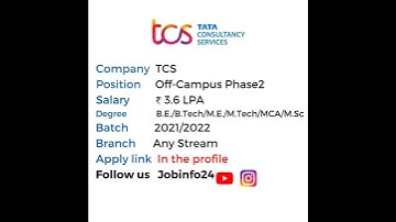 tcs off campus hiring 2022 BE B.TECH ME M.TECH MCA MSC 2022 BATCH APPLY NOW #hiring  JOBINFO24