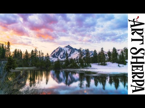 SUNSET LAKE SNOWY MOUNTAIN Beginners Learn to paint Acrylic Tutorial Step by Step