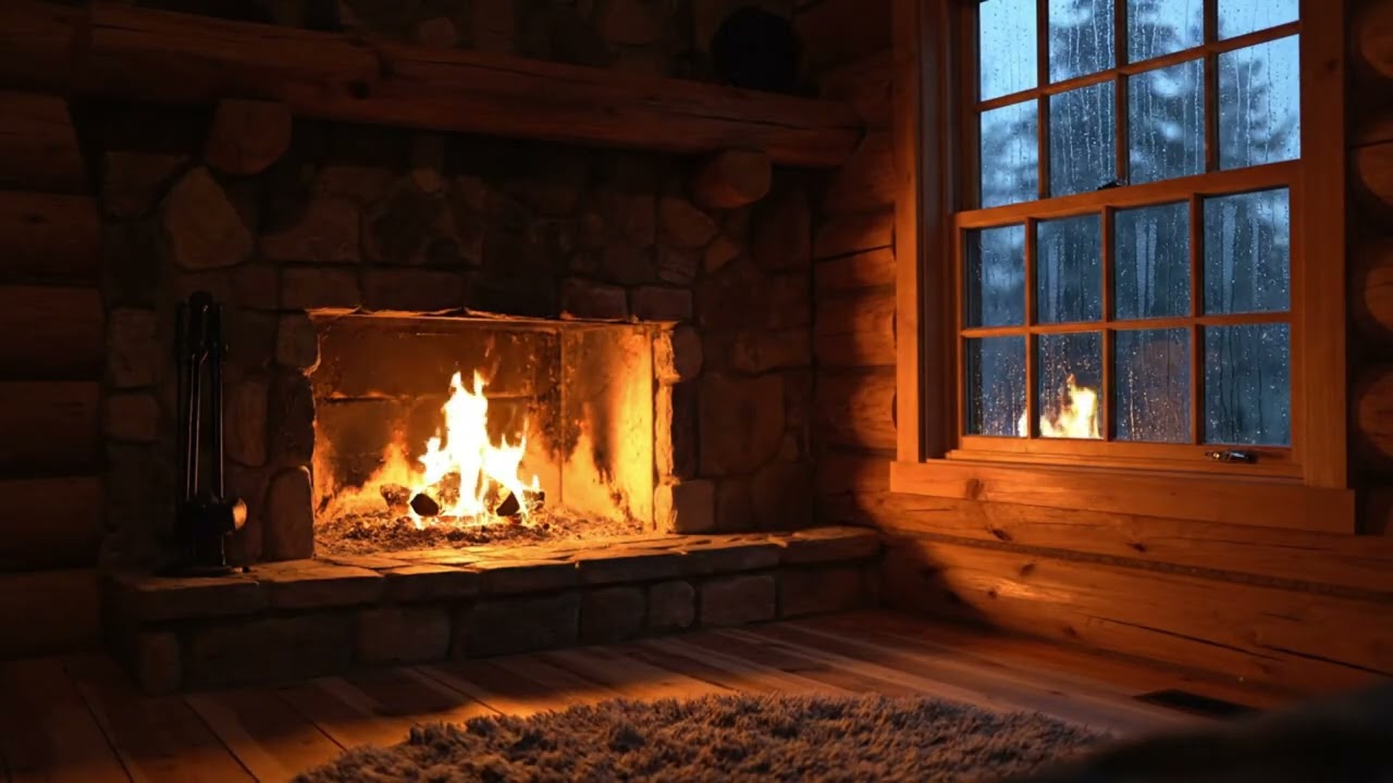Cozy Cabin Fireplace & Rain on Window | 8 Hours Deep Sleep Ambience (No Music)