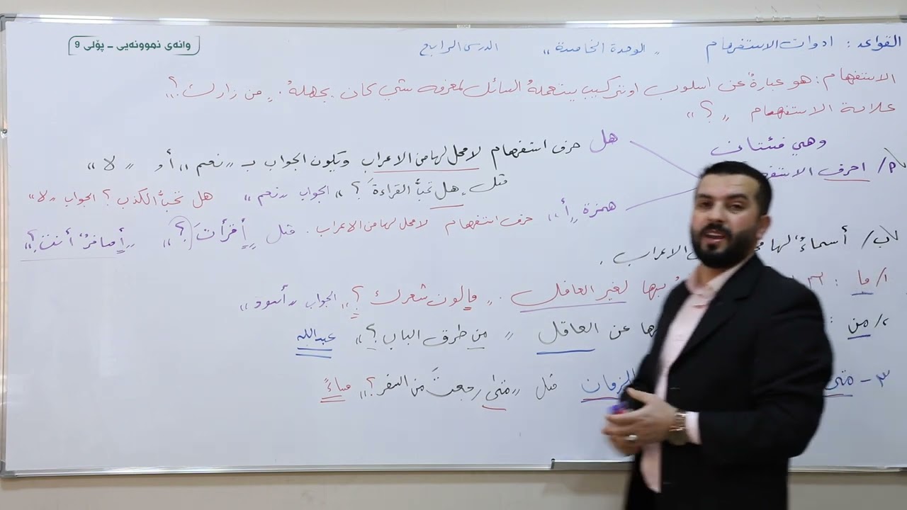 وانه‌ی عربي پۆلی 9/ الوحدة الخامسة – القواعد – أدوات الإستفهام – وانەی چوارەم