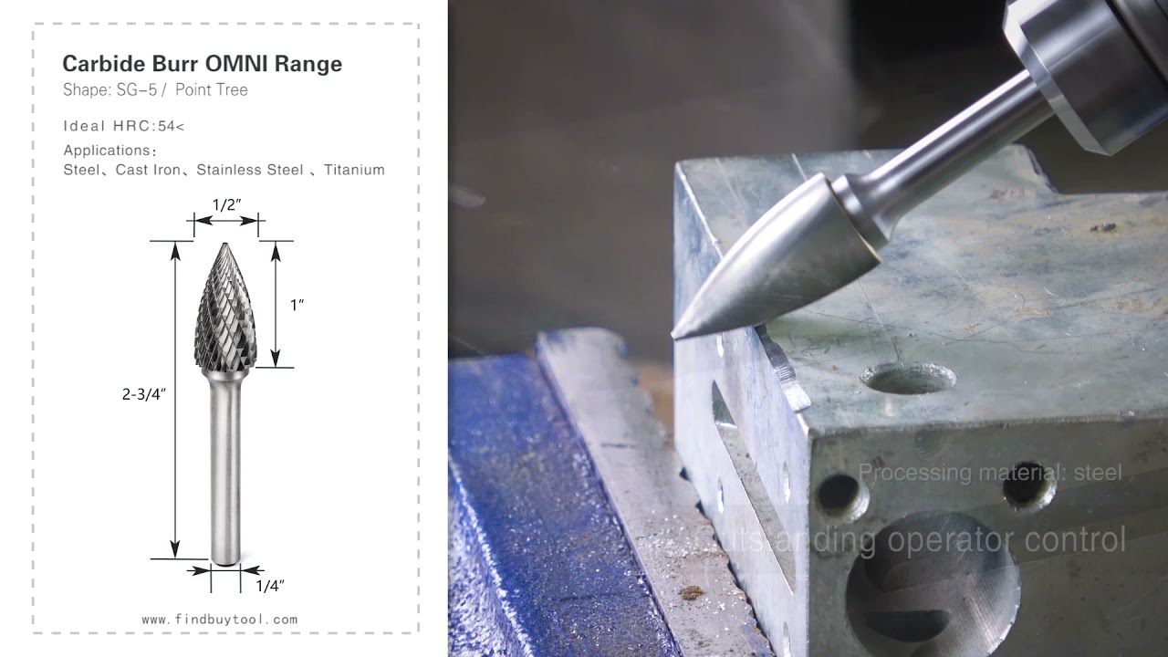 FindBuyTool Carbide Burr SG-5 Point Tree Shape Cabeça de alcance OMNI D 1/2 x 1L, 1/4 de haste, 2-3 / 4 polegadas de comprimento total