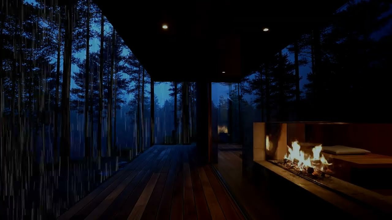 Zen Minimalist Cabin - Rain Sounds & Fireplace at Night for Relaxation