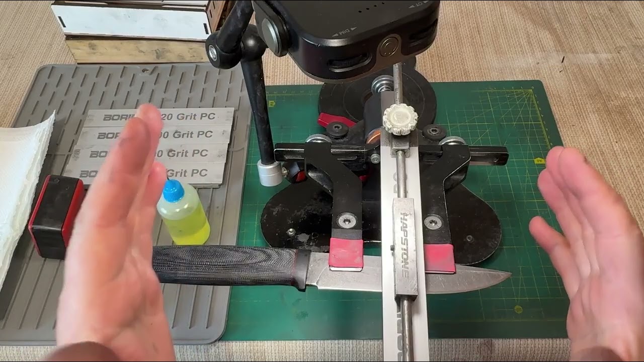 Як нагострити ніж на точилці. Позиціонування ножа. Обдирка. Робота на зерно. Техбар'єр. Частина 1.