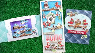 Lawn Fawn Intro to Winter Birds and Winter Birds Add-On + 3 cards from start to finish