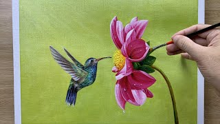 Daily Art #013 / Acrylic /  Dahlia and the Hummingbird Painting