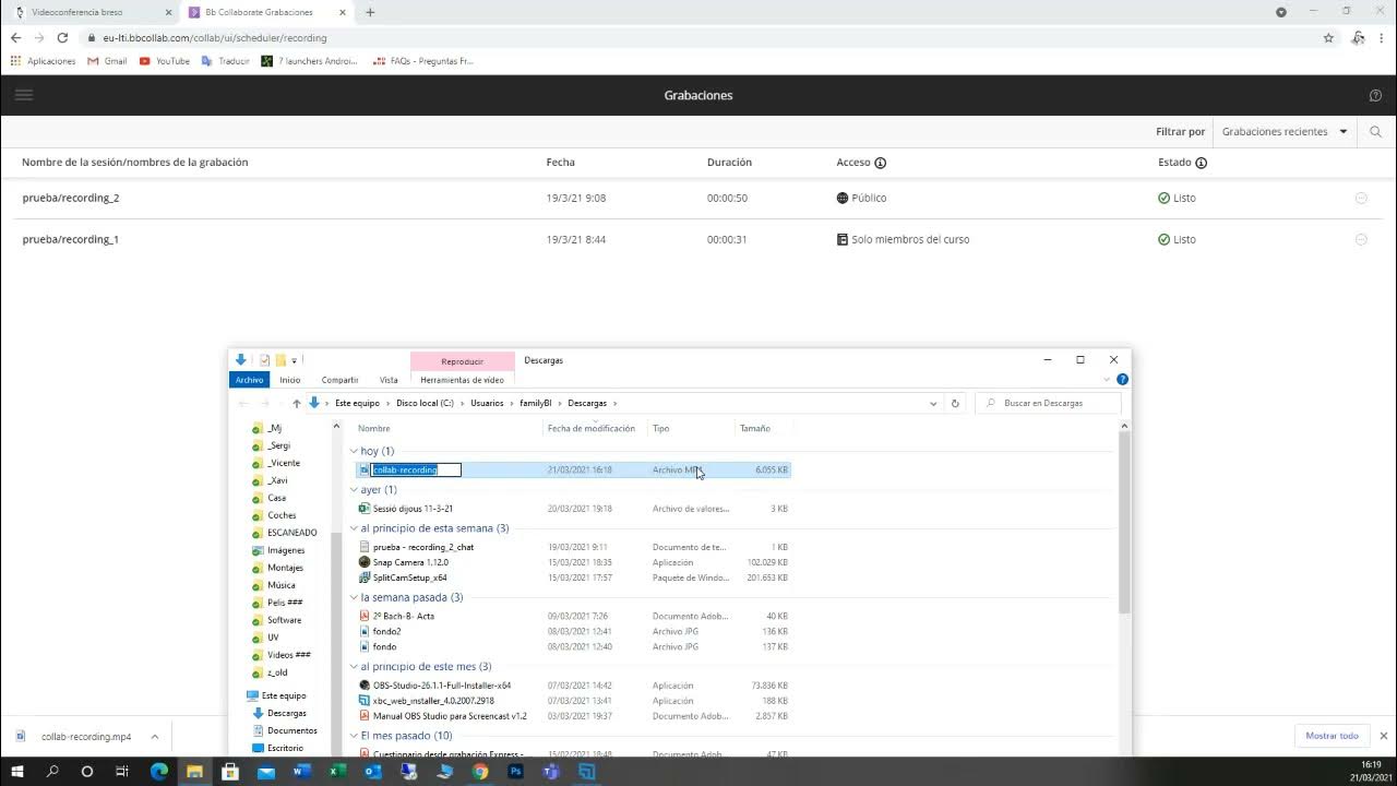 Blackboard Collaborate Ultra. Opciones del Menú Grabaciones YouTube