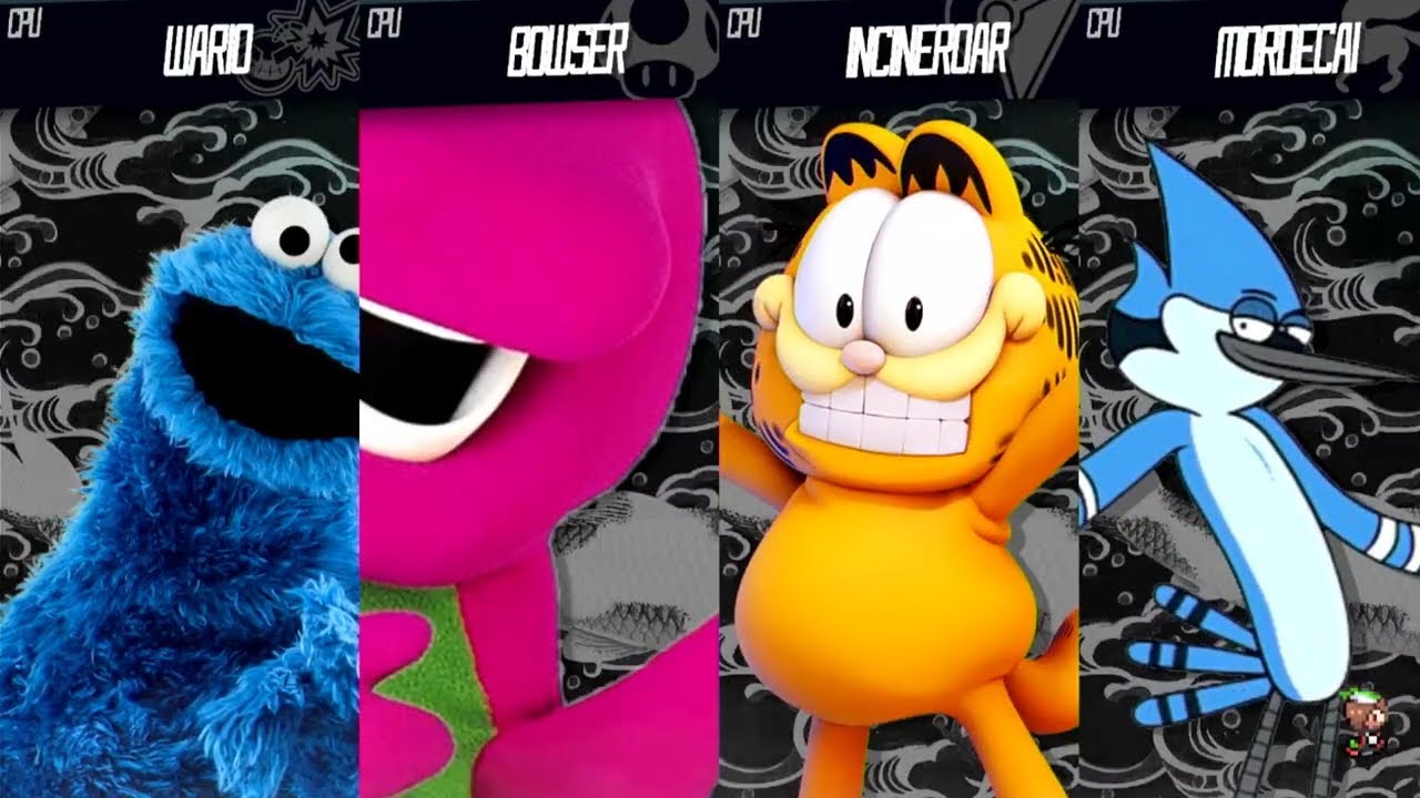 Cookie Monster Vs Garfield Vs Mordecai Vs Barney - Requested Smash Bros Battle