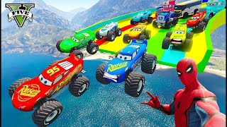 SPIDERMAN McQueen Ramp Challenge JUMP ! SUPERHERO HULK IronMan Goku Mack Truck Disney Cars 84  GTA V