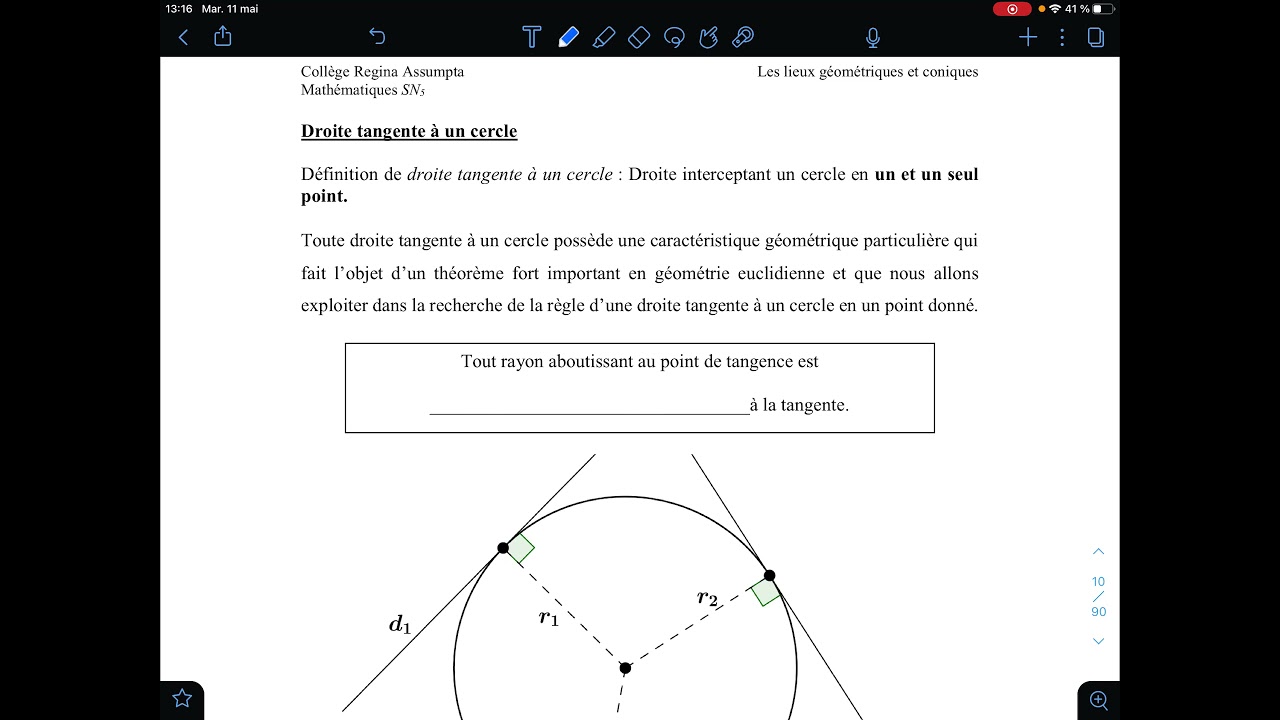 Lieux géométriques et coniques - Droite tangente à un cercle