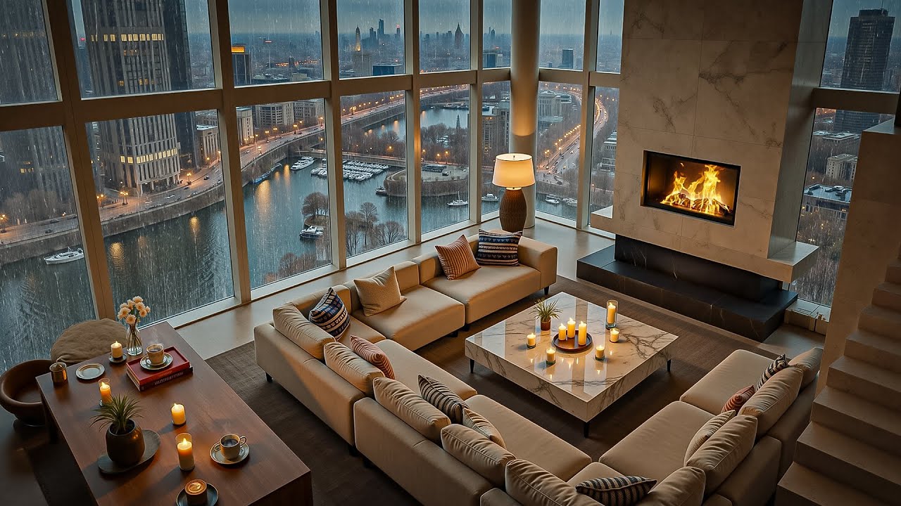 Storm Outside, Peace Inside 🌧️ Cozy Fireplace Jazz in a Luxury Penthouse