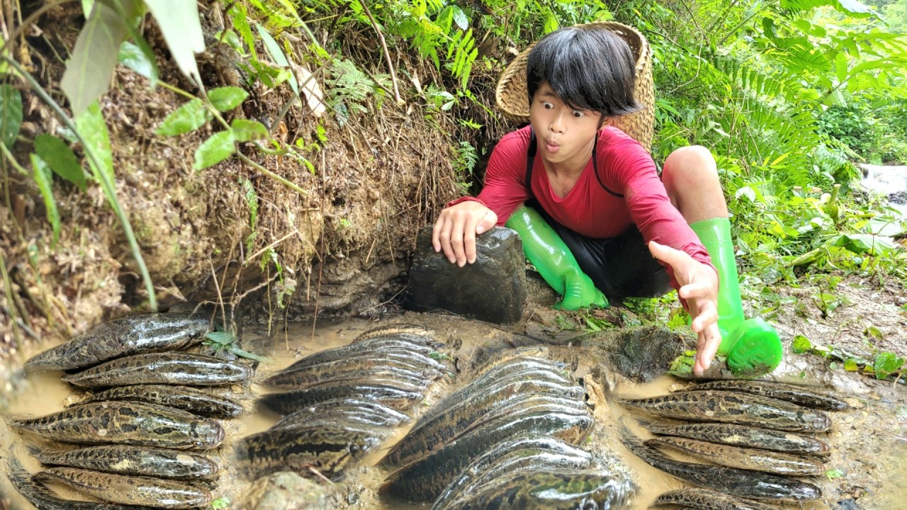 The boy used his hands to catch fish in the stream. Luckily he caught a ...