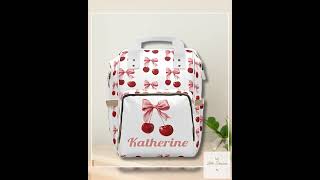 Cherry Diaper Bag Personalized Name Baby Girl Gift Bag Cherry Print Cute Bow Baby Backpack Diaper...